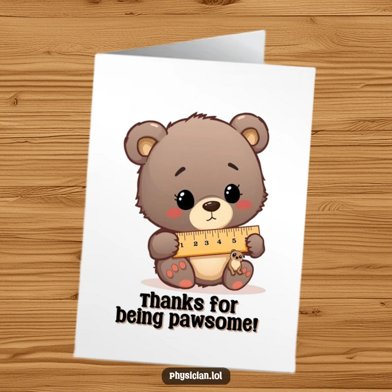 Funny Free Printable Thank You Card: Curious bear cub comically measures a tiny patient with a giant ruler, conveying thanks.