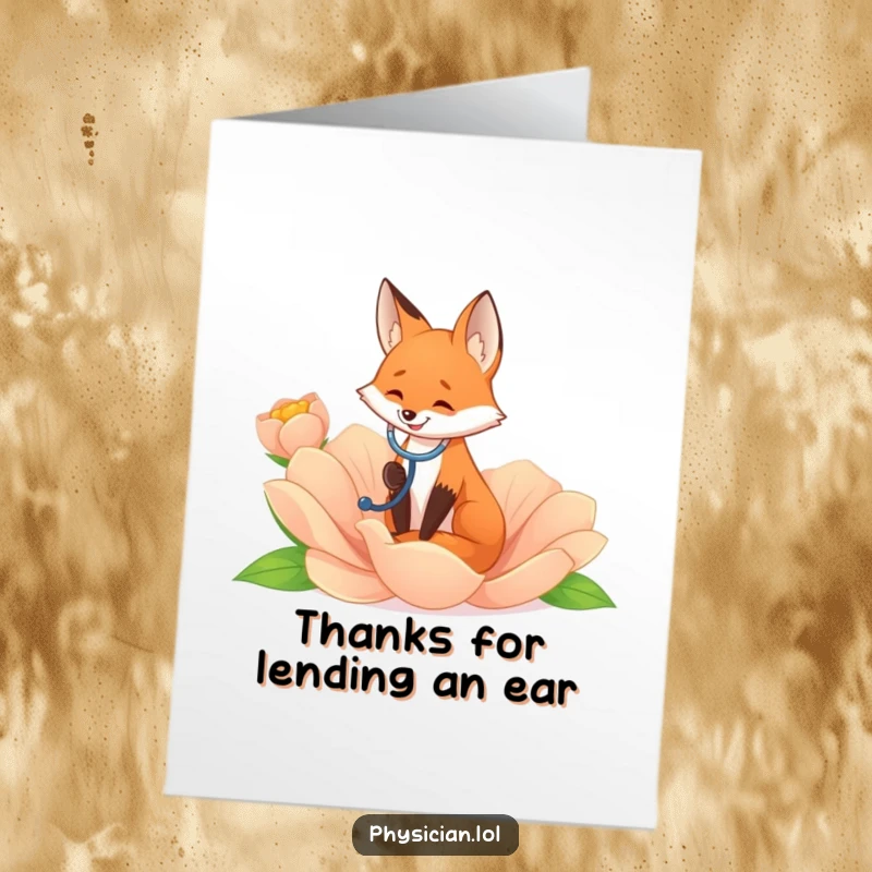 Funny Free Printable thank you card: A smiling fox listens to a giant flower with a stethoscope, expressing heartfelt thanks.