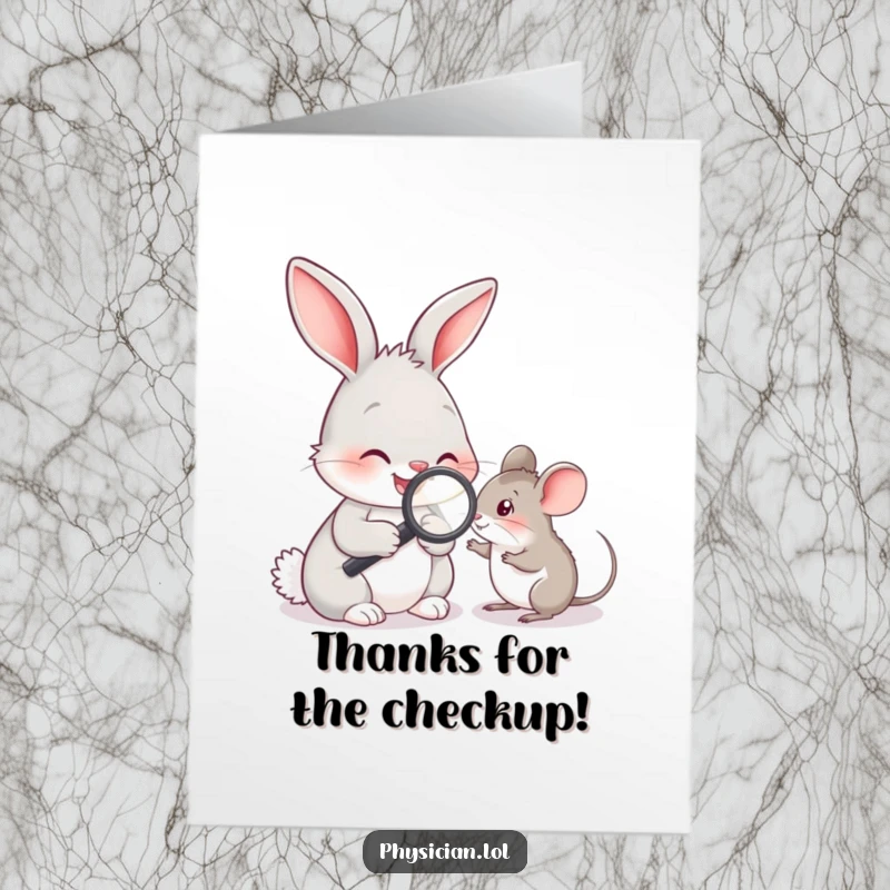 Funny Free Printable Thank You Card: A smiling rabbit wearing a doctor’s coat examines a tiny mouse with a magnifying glass. Heartfelt and humorous.