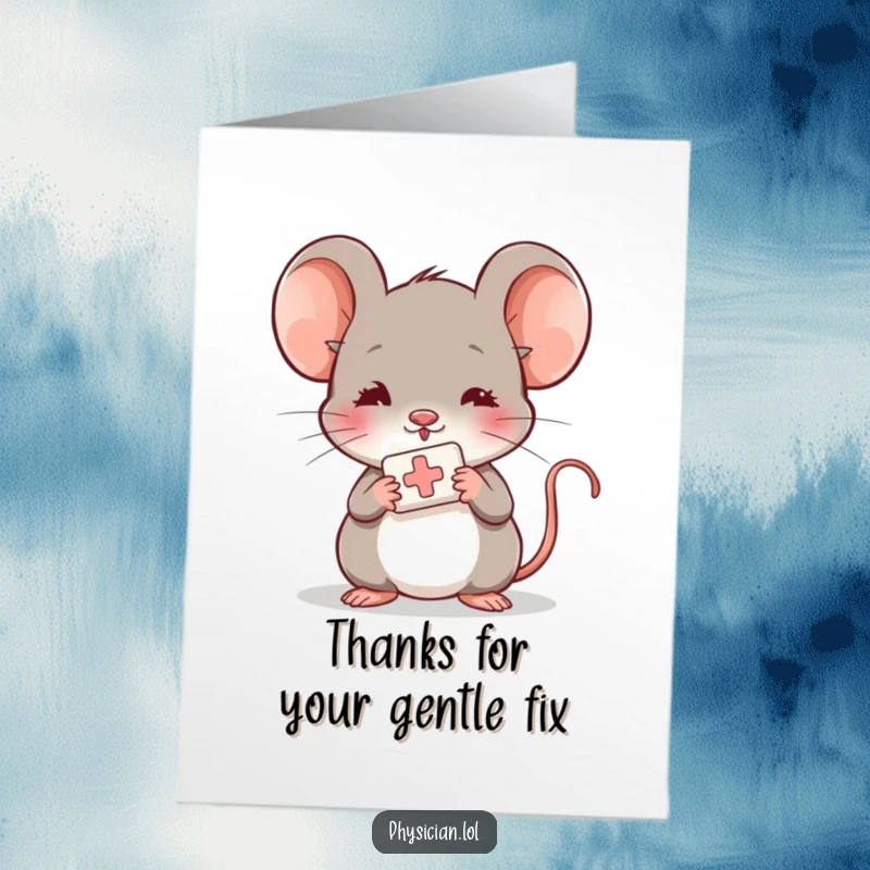 Funny Free Printable Thank You Card: Shy mouse offering a small bandage, a kind and humorous way to show thanks.