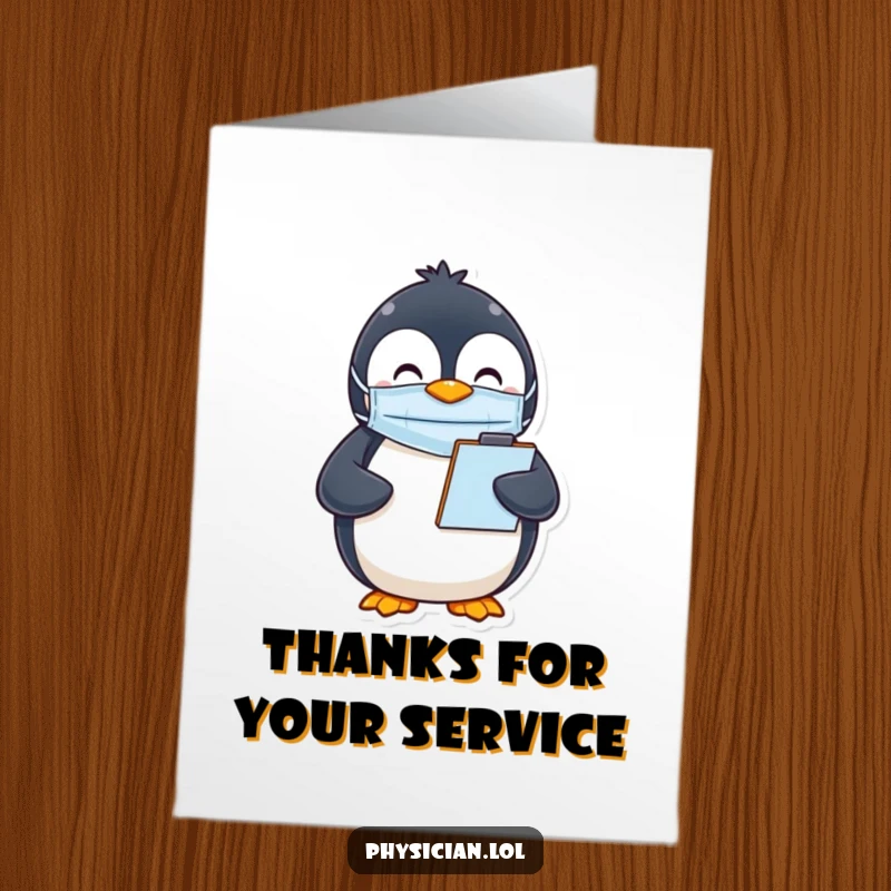 Funny Free Printable Thank You Card: Happy penguin in a mask with a clipboard, a humorous downloadable thank you note.