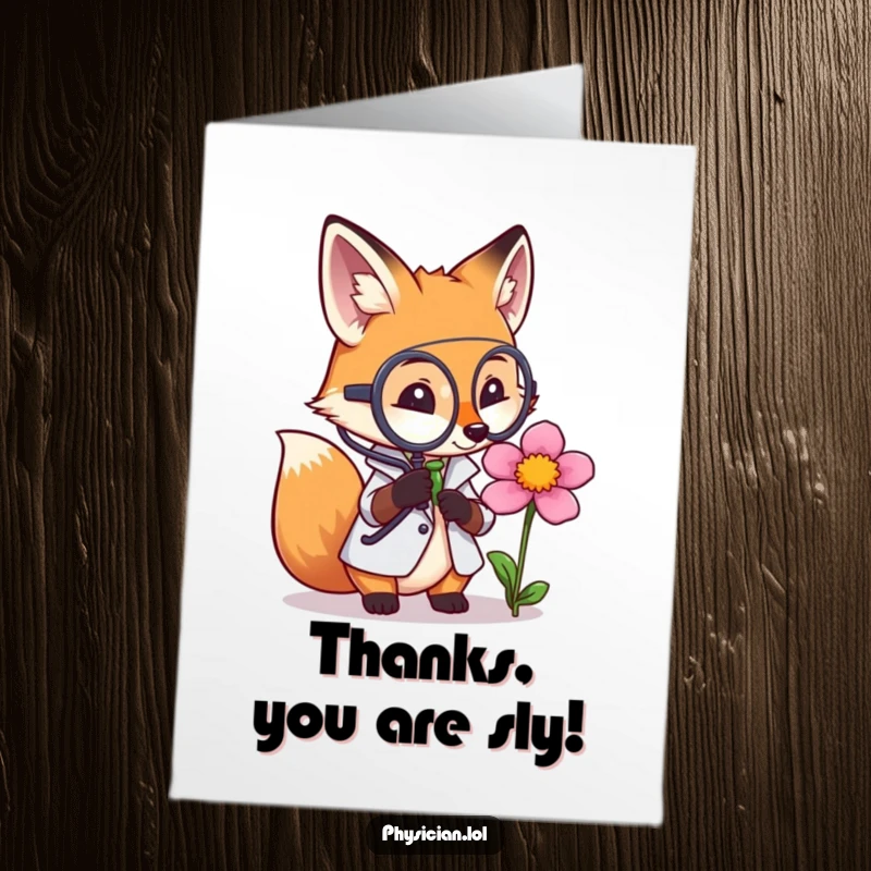 Funny free printable thank you card: a fox doctor meticulously inspecting a flower under a magnifying glass.