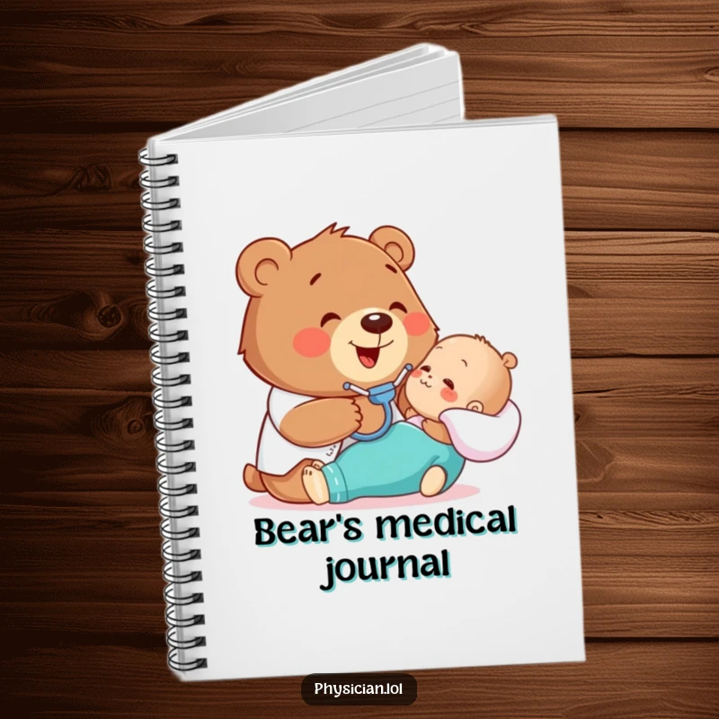 Funny notebook with a happy bear gently examining a patient with a stethoscope, perfect for taking notes with medical flair.