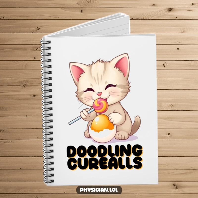 Funny kitten prescribing a lollipop to an egg, on a notebook cover, ideal for notes, journaling, or creative writing.