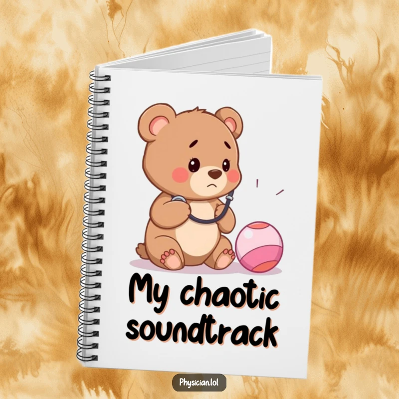 Funny notebook cover showing a concerned bear cub doctor listening to a bouncy ball with a stethoscope, encouraging creative and humorous notes.