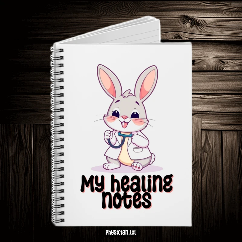 Funny notebook showing a cheerful bunny doctor using a stethoscope, ideal for taking notes with a dose of medical humor.