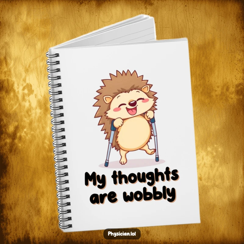 Funny hedgehog notebook with a giggling creature performing a cartwheel on crutches, perfect for jotting down notes with humorous flair.