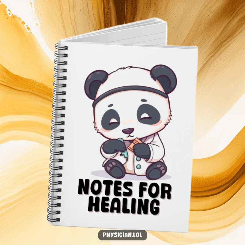 Funny notebook showing a panda doctor gently applying a tiny bandage, ideal for taking notes with a dose of humorous care.