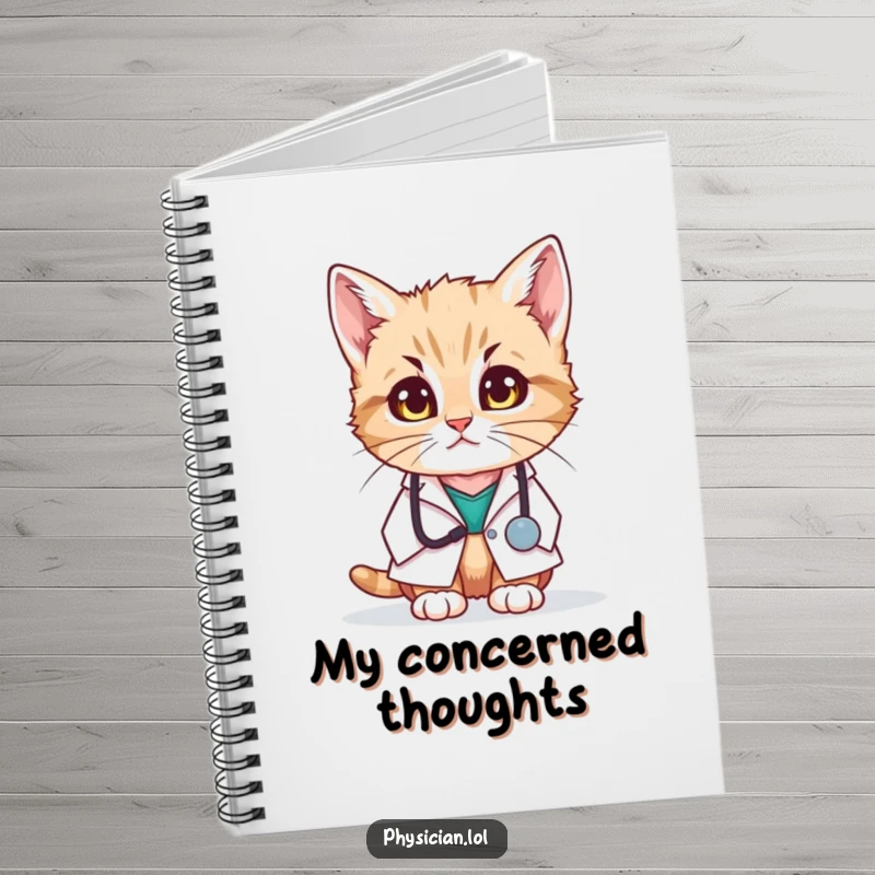 Funny notebook showing a kitten doctor in a white coat looking concerned, ideal for taking notes with humorous feline empathy.