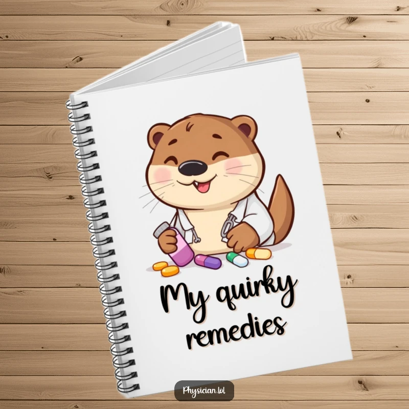 Funny otter doctor notebook cover, holding colorful pills, ready to help jot down important or funny thoughts.