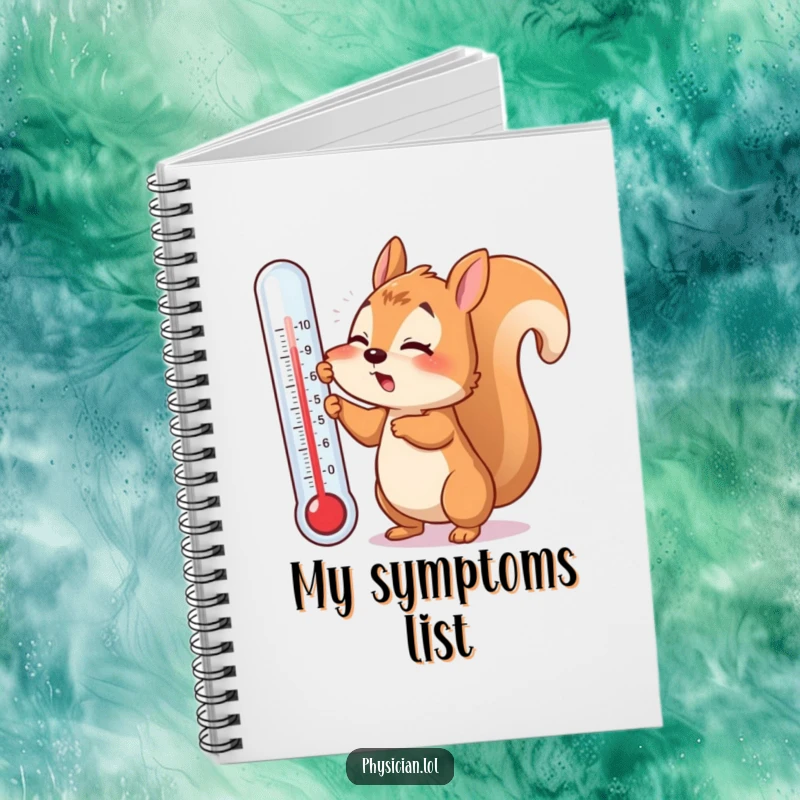 Funny notebook with a flustered squirrel attempting to use a giant thermometer, ideal for journaling thoughts during recovery with humor.