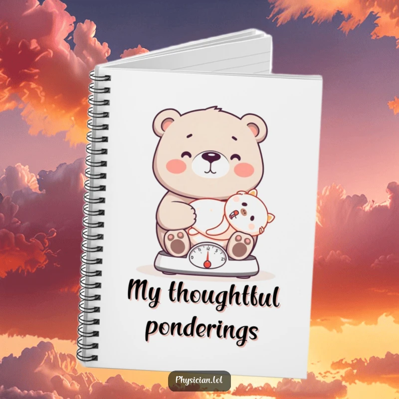 Funny bear notebook featuring a proud bear doctor weighing a patient on a scale, ideal for note-taking and journaling.