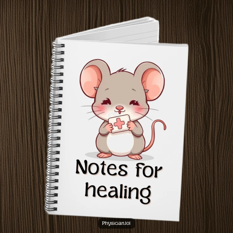 Funny shy mouse notebook, open pages, offering a bandage, caring and gentle stationery, cute design.