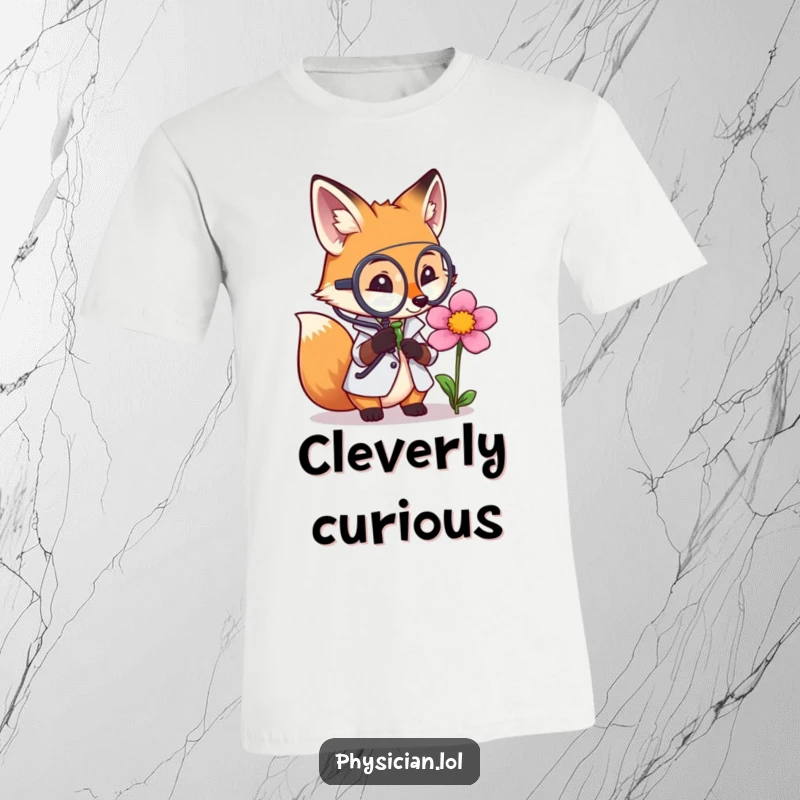 Funny t-shirt featuring a fox doctor intently examining a flower with a magnifying glass, symbolizing curious and humorous scientific exploration.