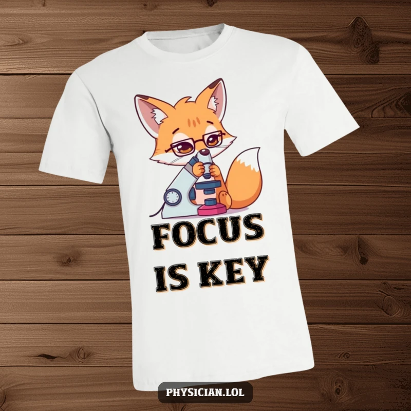 Funny Fox T-Shirt showing a determined fox concentrating intensely on a microscope, perfect for science lovers.