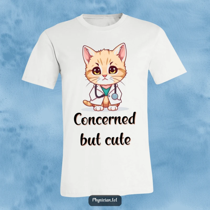Funny t-shirt with a kitten in a tiny doctor's coat looking very concerned, embodying cute and humorous medical apprehension.