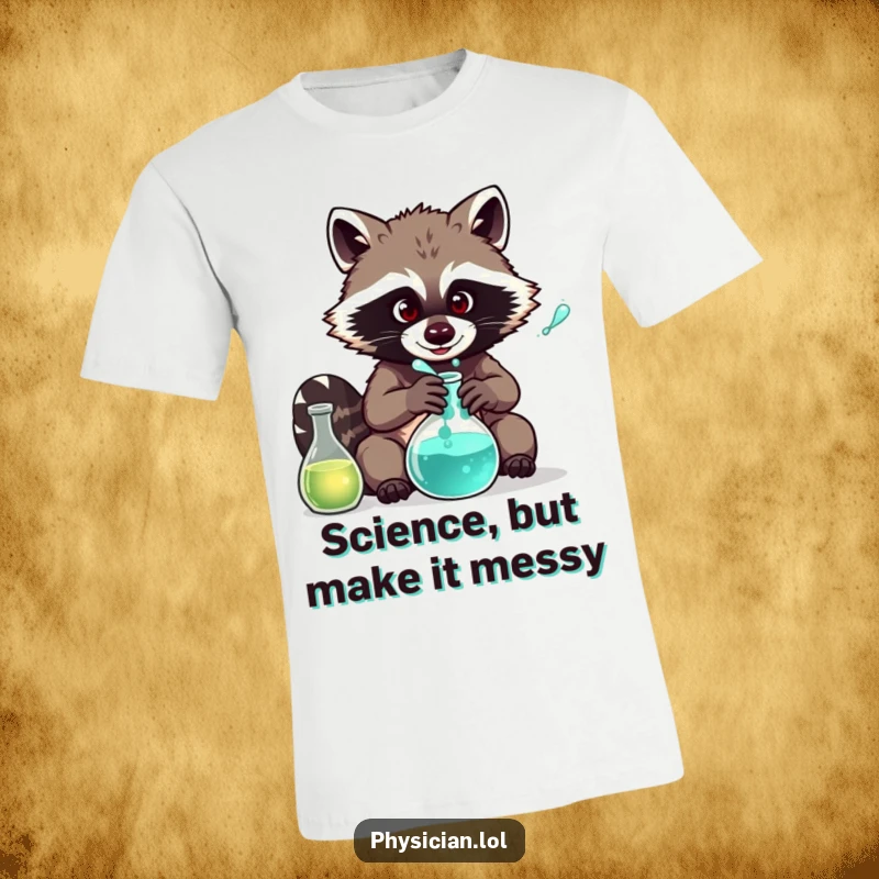 Funny Raccoon Chemist T-Shirt: Mischievous raccoon scientist mixing a strange potion in a beaker, ideal for science humor lovers.