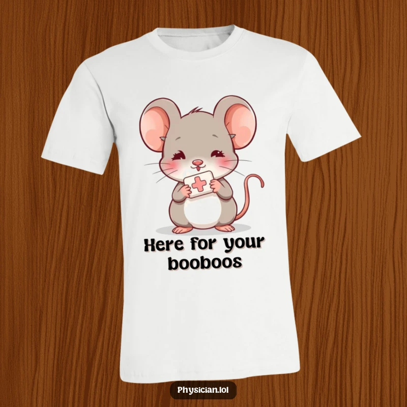 Funny shy mouse t-shirt, holding out a small bandage, gentle and caring gesture, cute animal design.