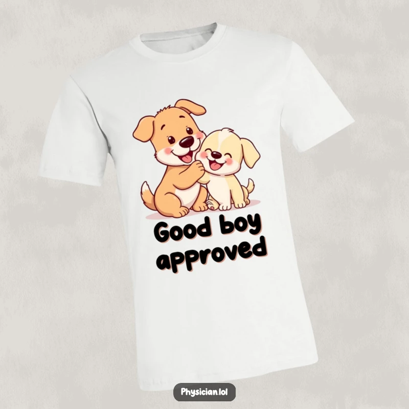 Funny big dog giving a happy puppy a gentle encouraging pat, a cute and humorous t-shirt for dog lovers.