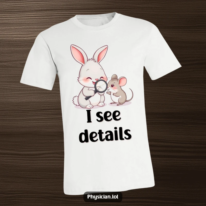 Funny rabbit doctor examining a mouse with a magnifying glass, a cute and humorous t-shirt for animal lovers.
