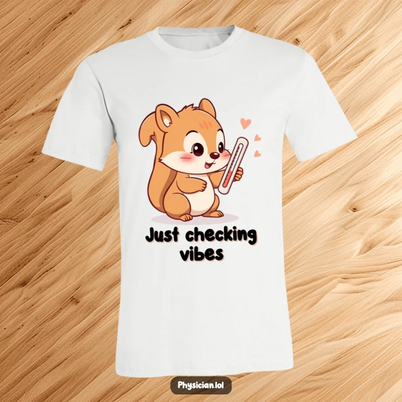 Funny squirrel t-shirt, a playful squirrel using a thermometer to check its temperature, conveying a quirky sense of self-care.
