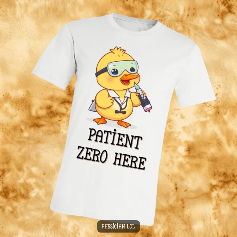 Funny duck doctor t-shirt showing a cute duck administering a shot with a dropper, full of playful medical humor.
