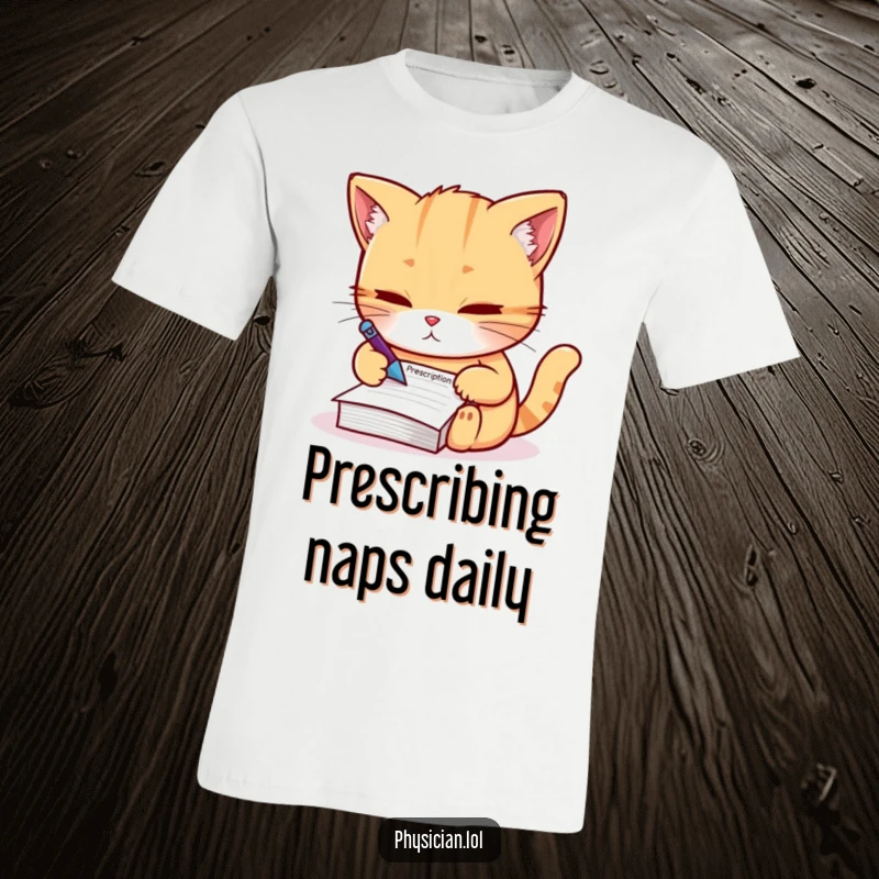 Funny T-Shirt: A determined cat focused on writing a miniature prescription, embodying feline authority and humorous control.