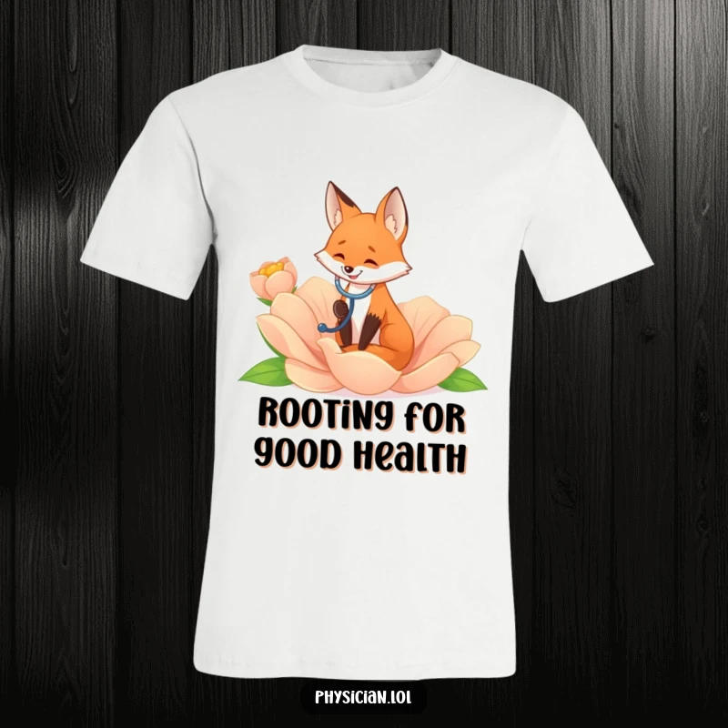 Funny smiling fox wearing a t-shirt, listening to a giant flower with a stethoscope, nature-themed and humorous.