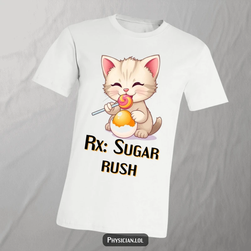 Funny happy kitten wearing a t-shirt, holding a lollipop and offering it to an egg, cute and humorous.