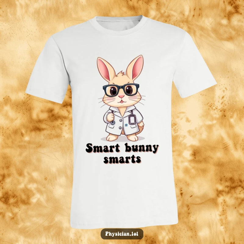 Funny t-shirt with a curious rabbit wearing a lab coat and glasses, looking intelligent and ready for discovery.