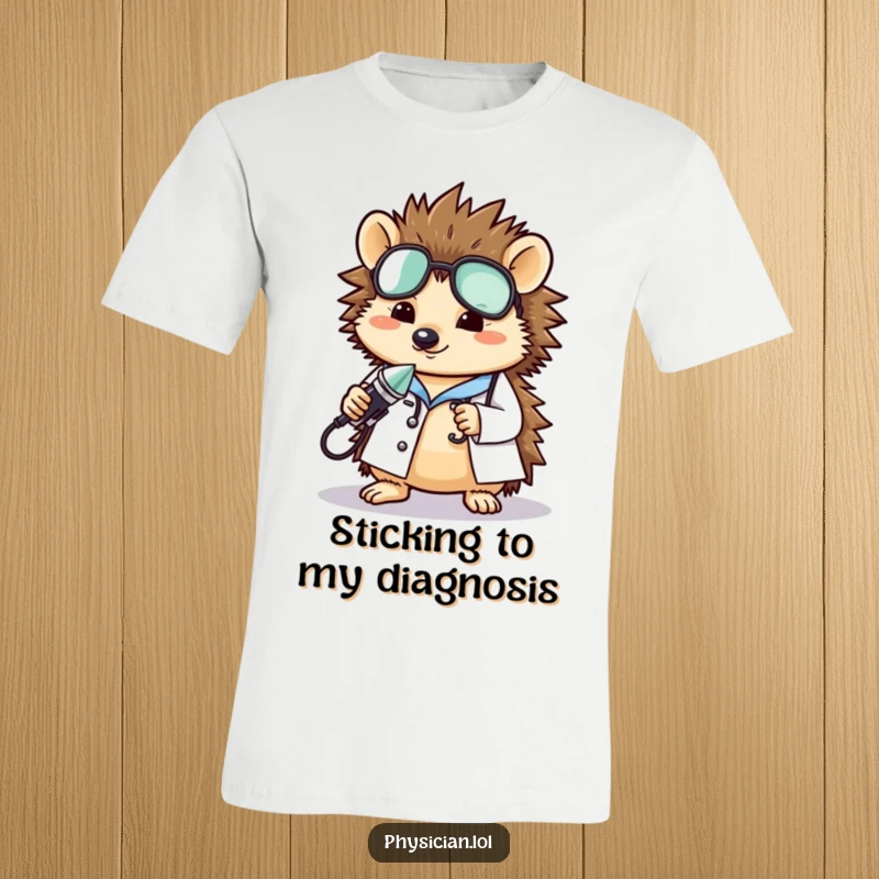 Funny hedgehog doctor t-shirt design featuring a cute hedgehog in scrubs, holding a tiny instrument with a gentle demeanor, a great gift.
