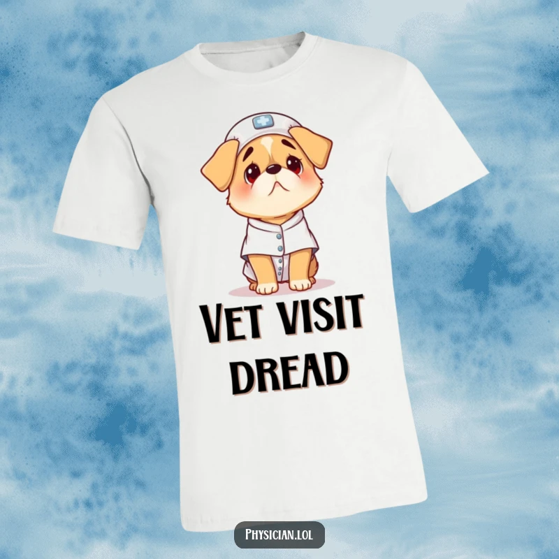 Funny scared dog patient t-shirt, a small dog in a patient gown looking worried, perfect for vet staff or dog mom humor.