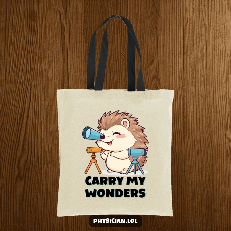 Funny tote bag showcasing a giggling hedgehog peering through a miniature telescope, ideal for carrying items with humorous cosmic flair.