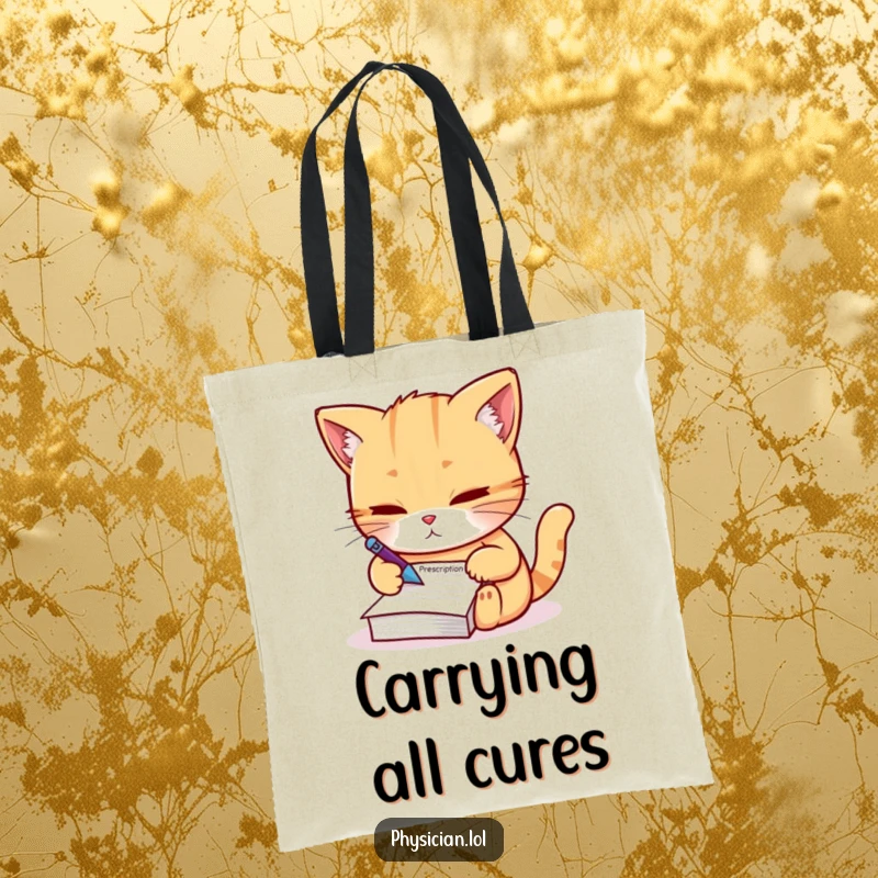 Funny Tote Bag: A determined cat writing a miniature prescription, ideal for carrying items with a humorous and bossy touch.