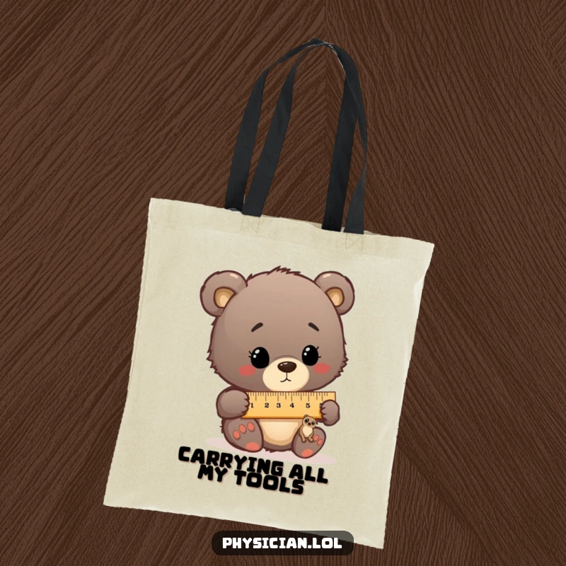 Funny bear cub doctor using a giant ruler to measure a tiny patient, printed on a spacious and humorous tote bag.
