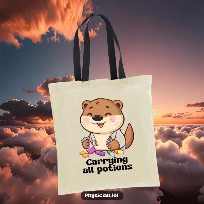 Funny otter doctor tote bag, holding a handful of colorful pills, perfect for errands and spreading smiles.
