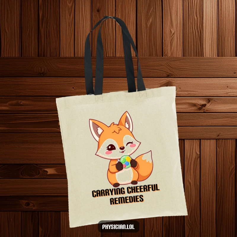 Funny fox tote bag, cheerful fox prescribing a colorful pill with a wink, medical humor accessory, cute animal graphic.