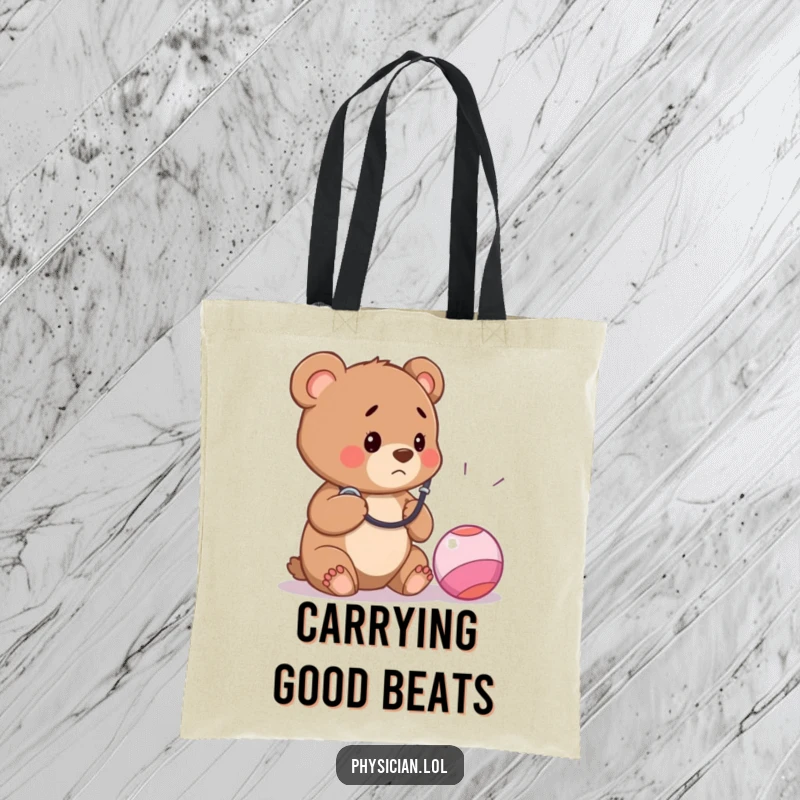 Funny tote bag with a concerned bear cub dressed as a doctor listening to a bouncy ball with a stethoscope, practical and humorous.