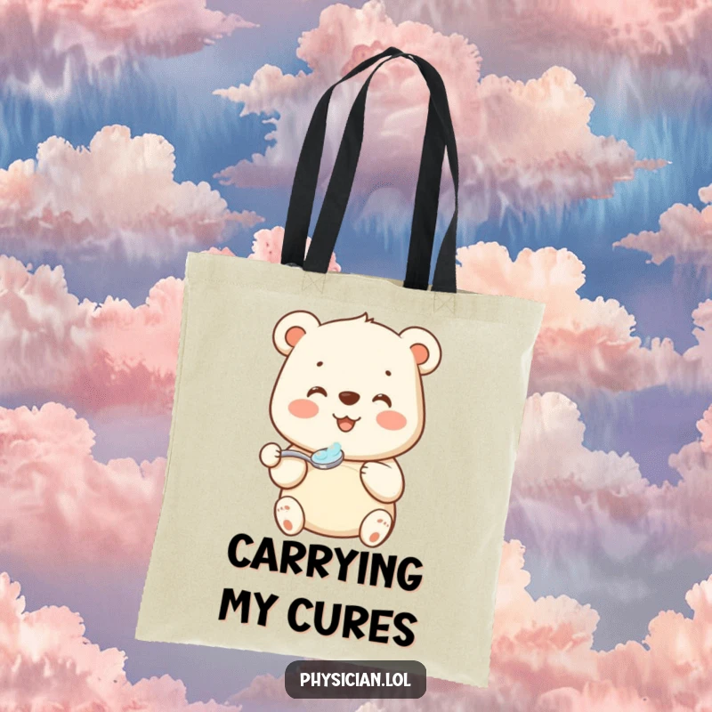 Funny bear medicine tote bag with a beaming bear gracefully offering a spoonful of medicine, perfect for carrying daily items.