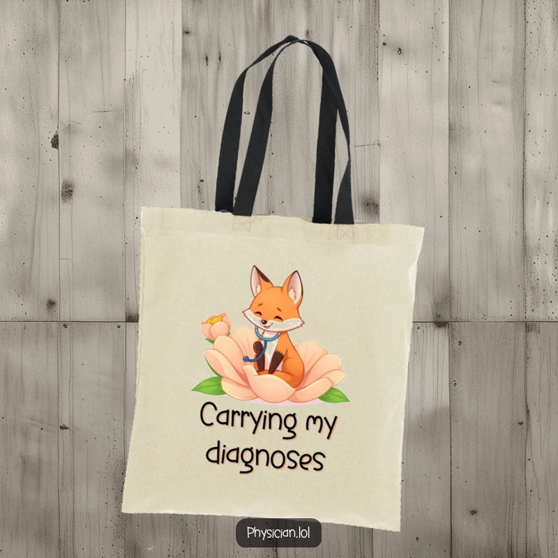 Funny fox with a stethoscope listening to a giant flower, on a tote bag, perfect for carrying nature finds.