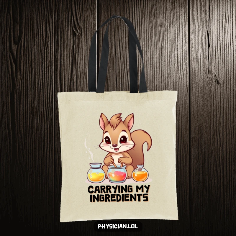 Funny brave squirrel working diligently on a colorful, bubbling potion, depicted on a durable and stylish tote bag.
