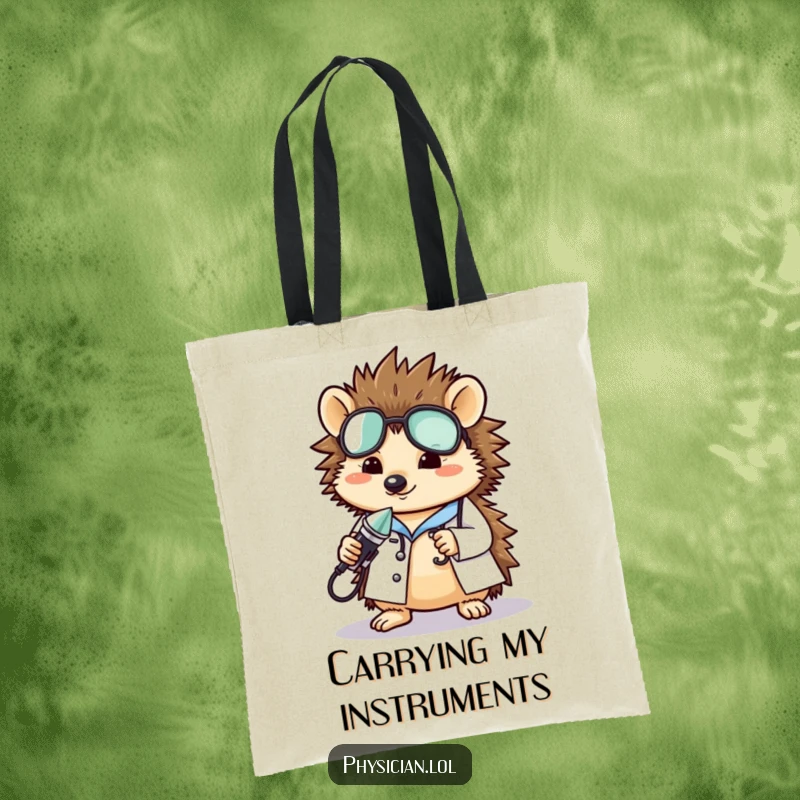 Funny hedgehog doctor tote bag displaying a cute hedgehog in doctor attire, ready to carry your items, a charming and funny gift.