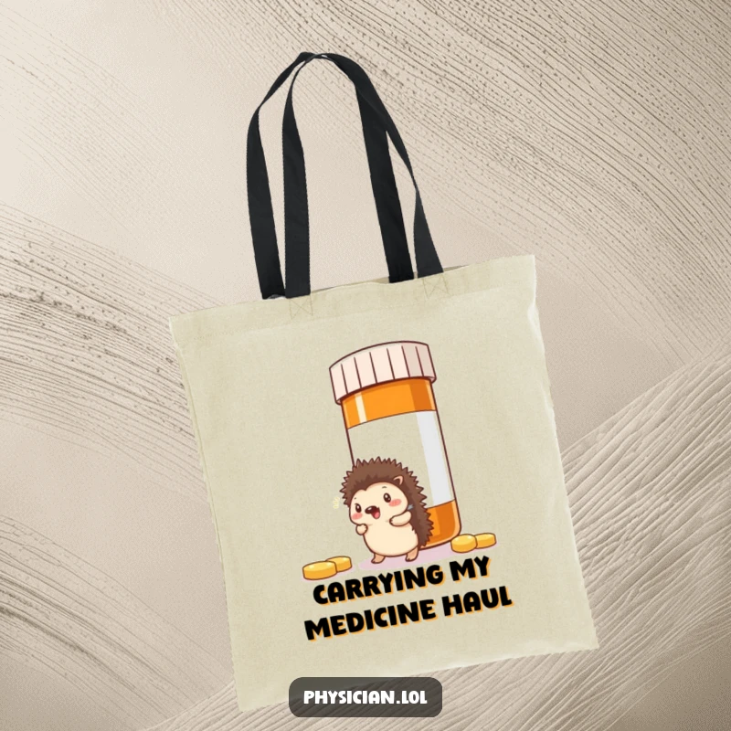 Funny Hedgehog Pill Tote Bag: Humorous illustration of a hedgehog bumping into a giant pill bottle, a practical and funny accessory.