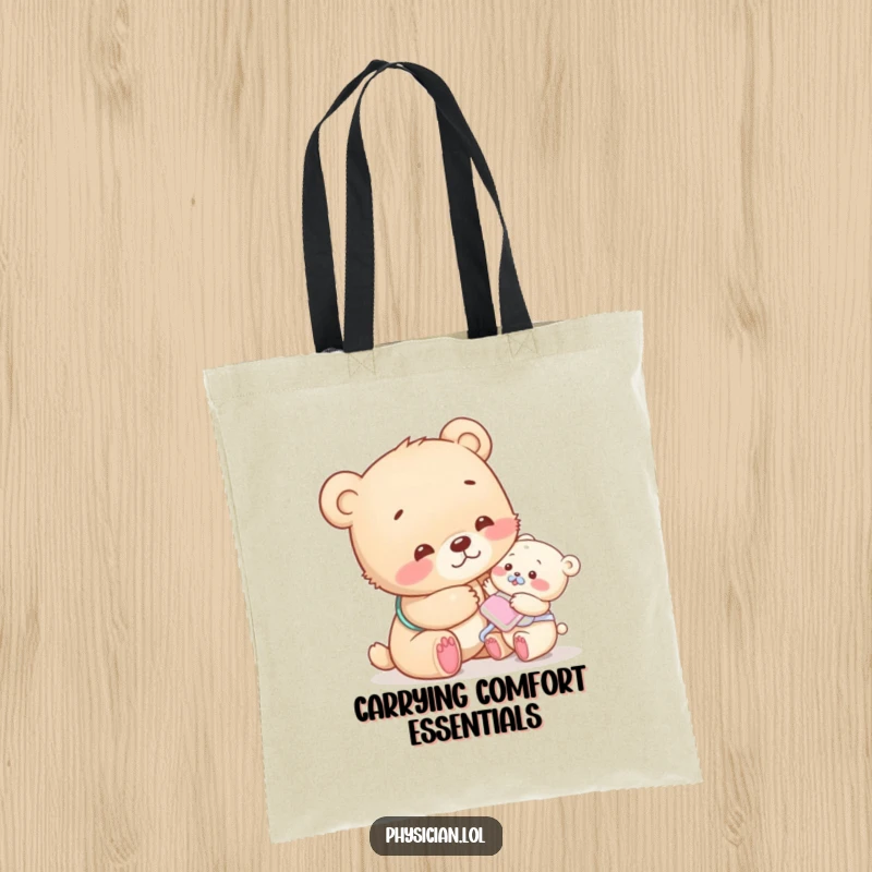 Funny bear cub tote bag featuring a compassionate cub patting a tiny patient, a humorous accessory for carrying kindness.