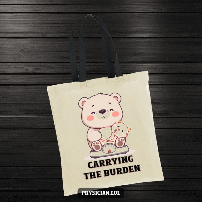 Funny bear tote bag featuring a proud bear doctor weighing a patient on a scale, great for carrying medical supplies and personal items.