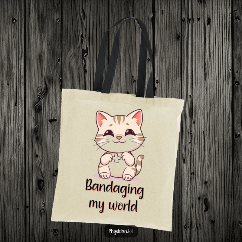 Funny Cat First Aid Tote Bag depicting a smiling cat applying a colorful bandage, great for everyday use with a sweet touch.
