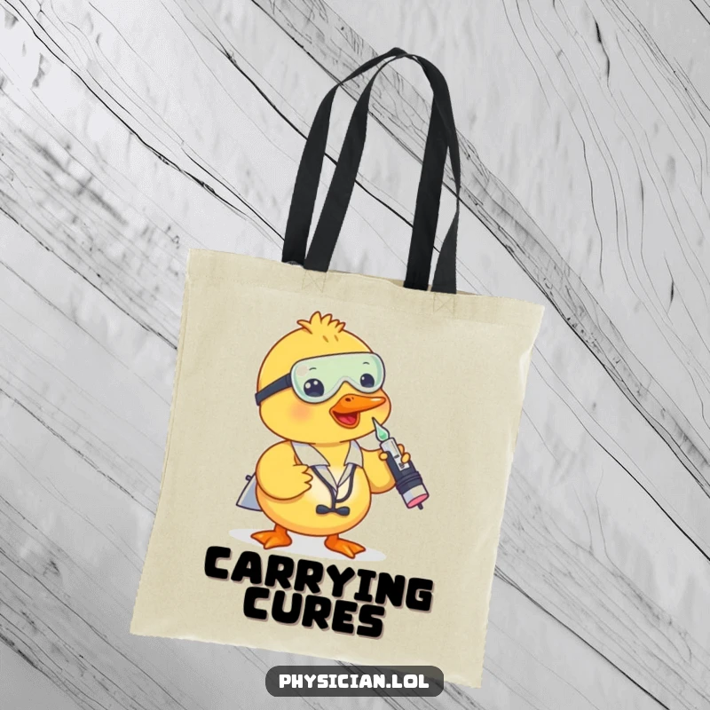 Funny duck doctor tote bag with a duck giving a shot from a dropper, stylish and humorous for everyday use.