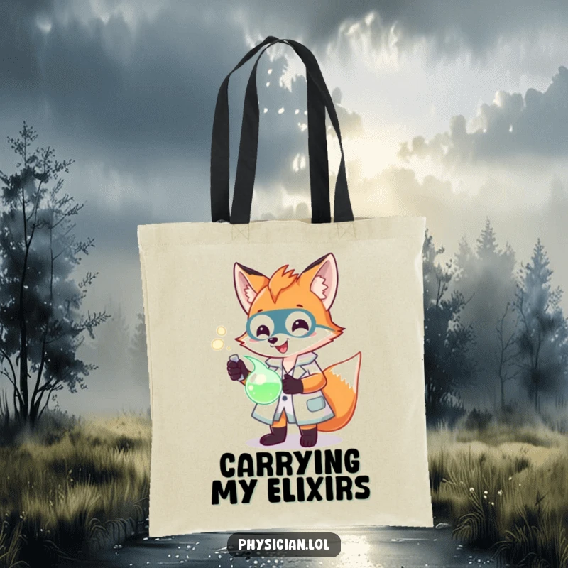 Funny Fox Scientist Tote Bag with a cheerful fox in a lab coat examining a glowing potion, perfect for carrying essentials.