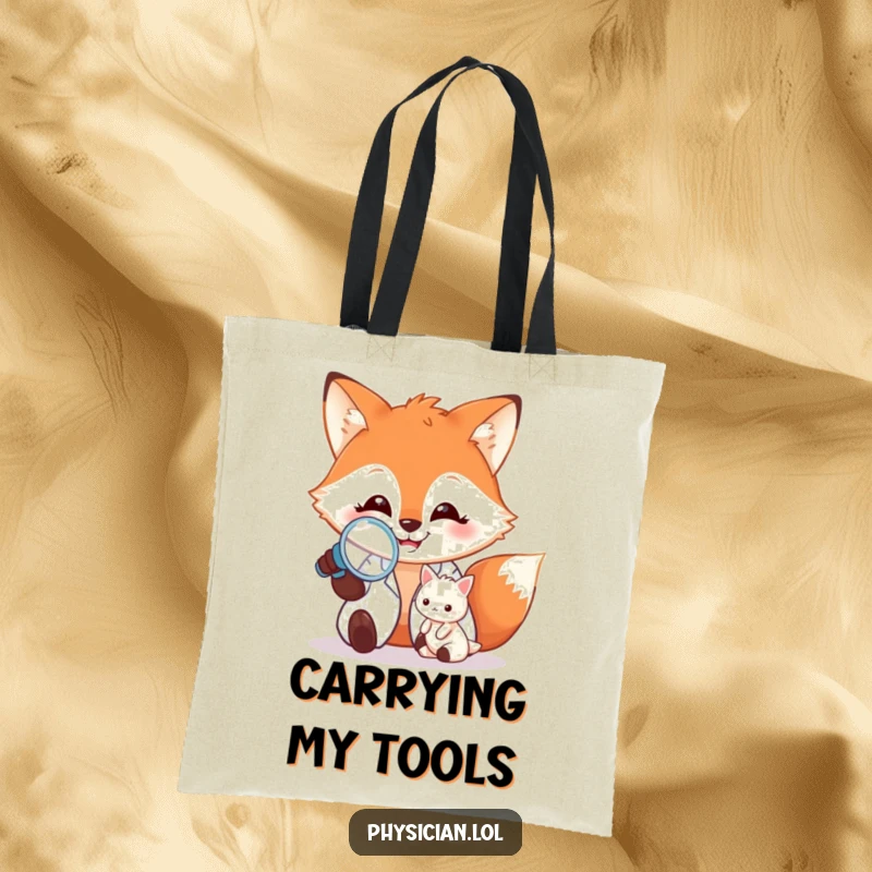 Funny Tote Bag: A happy fox with a magnifying glass examining a tiny patient, ideal for carrying items with a humorous and inquisitive touch.