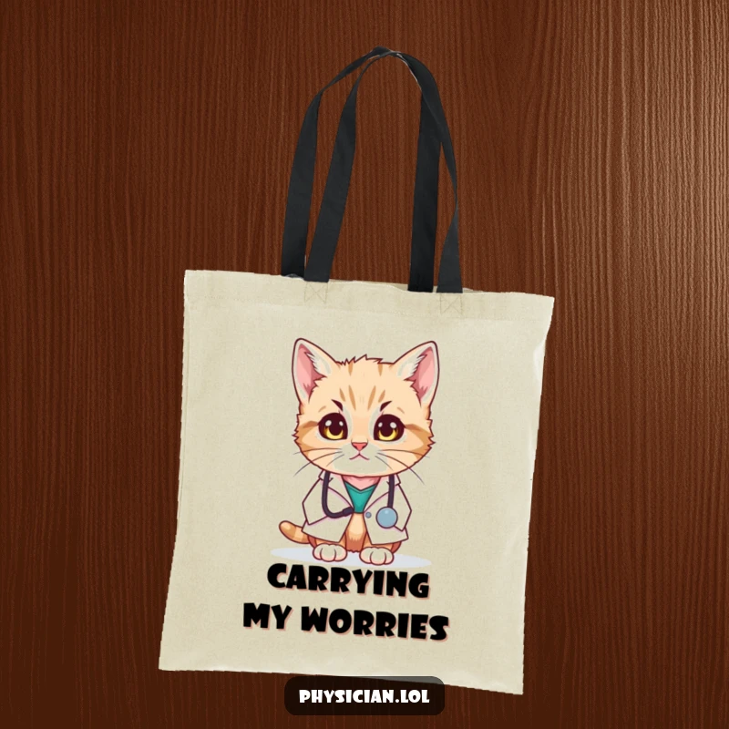 Funny tote bag featuring a kitten doctor in a white coat looking concerned, perfect for carrying essentials with humorous feline empathy.